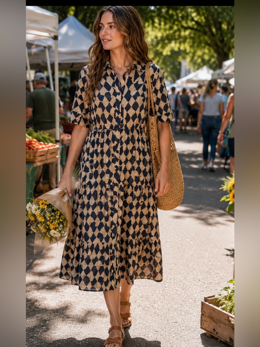 Kaktus Geometric Print Cotton Midi Shirt Dress XL  Navy & Beige Button Front NWT